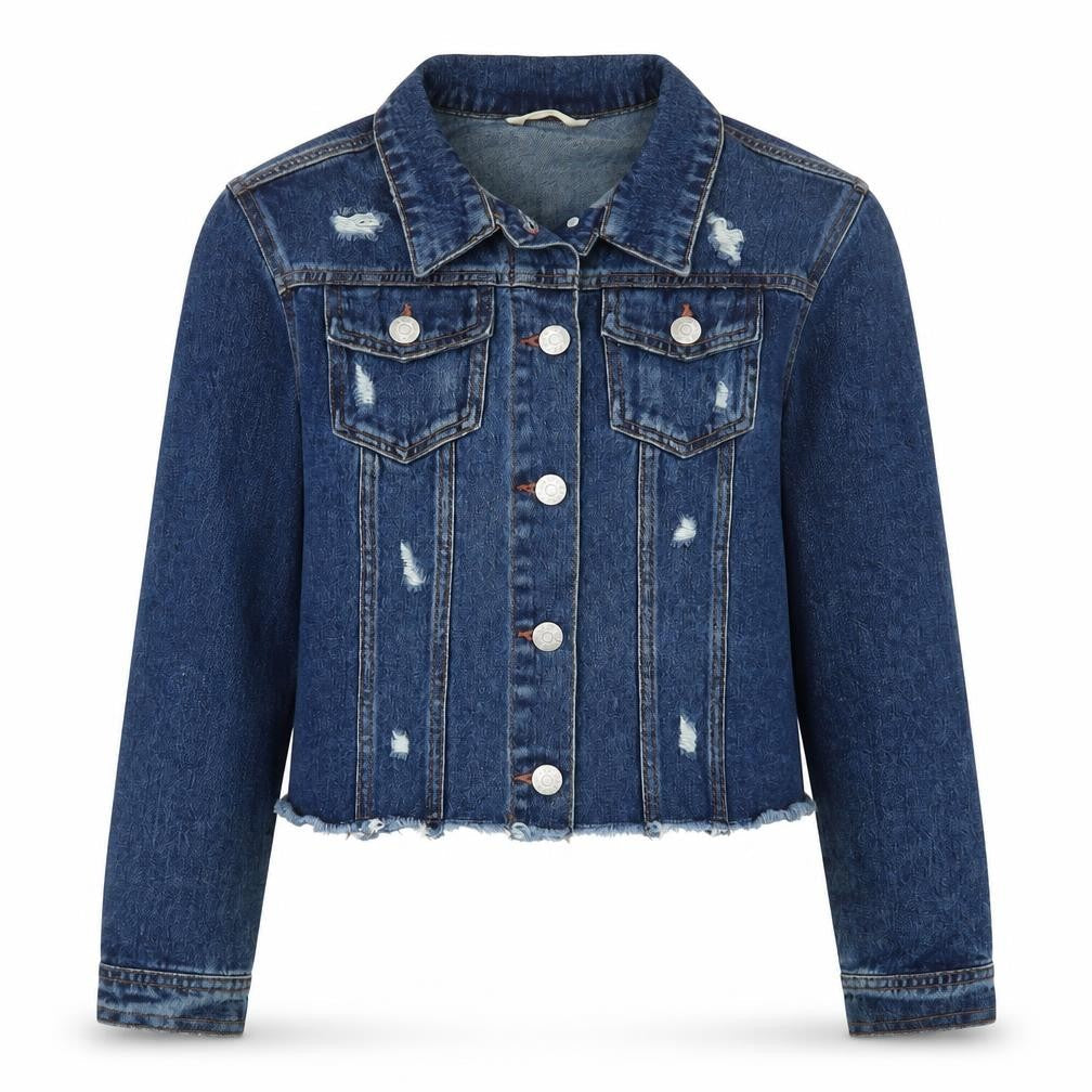 Front view of Candy Couture girls’ blue cropped denim jacket 14 years distressed style