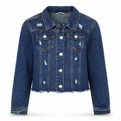 Front view of Candy Couture girls’ blue cropped denim jacket 14 years distressed style