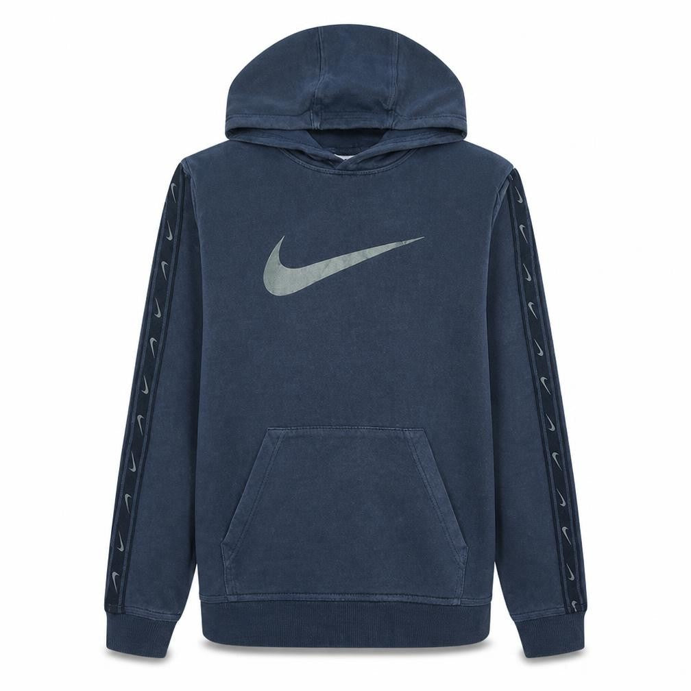 Front view of Nike boys’ blue xl hoodie pullover with logo print sleeve detail