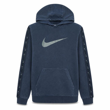 Front view of Nike boys’ blue xl hoodie pullover with logo print sleeve detail