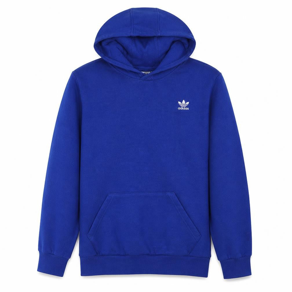 Front view of Adidas boys’ blue pullover hoodie 15-16 years fleece trefoil logo sweatshirt
