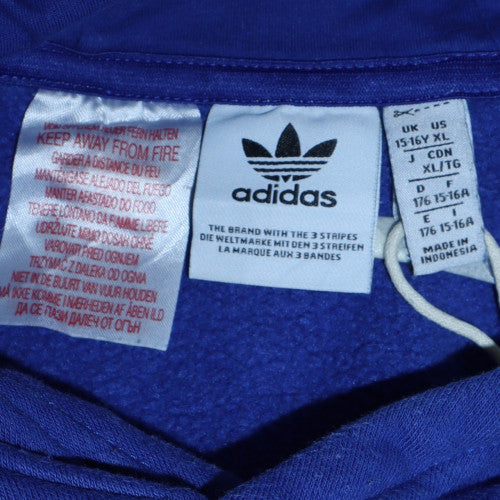 Adidas Boys Blue Pullover Hoodie 15-16 Years Fleece Trefoil Logo Sweatshirt
