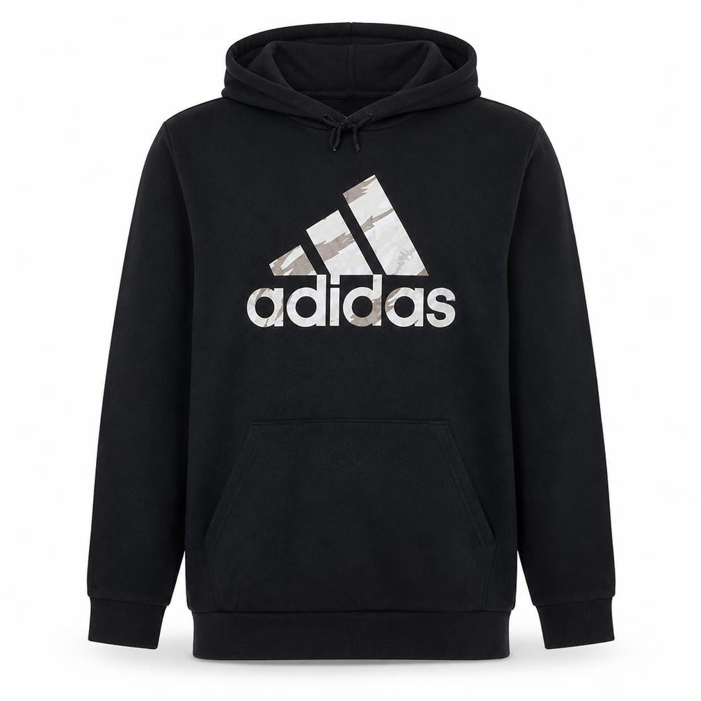 Front view of Adidas Men’s Black Pullover Hoodie M Graphic Logo Fleece Sportswear