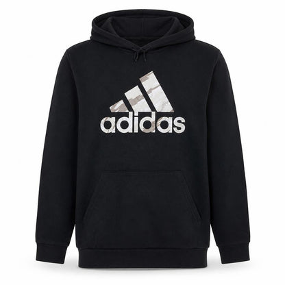 Front view of Adidas Men’s Black Pullover Hoodie M Graphic Logo Fleece Sportswear