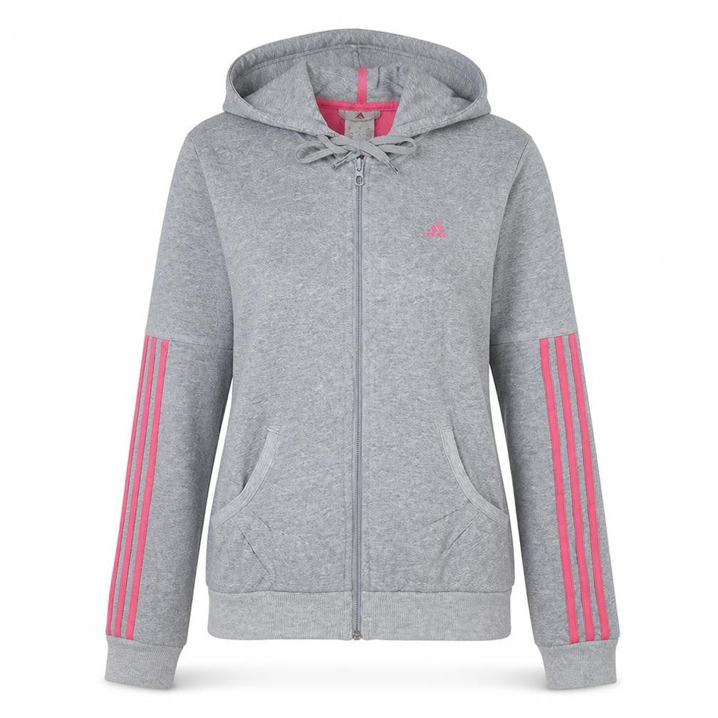 Front view of Adidas Women’s Grey & Pink Full Zip Hoodie, size S, 8-10 Hooded Sweatshirt