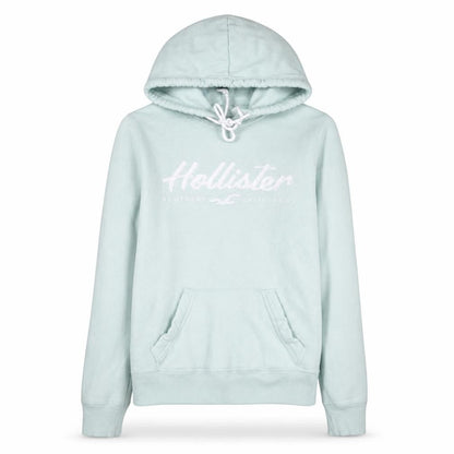 Front view of Hollister unisex blue pullover hoodie s logo fleece sweatshirt