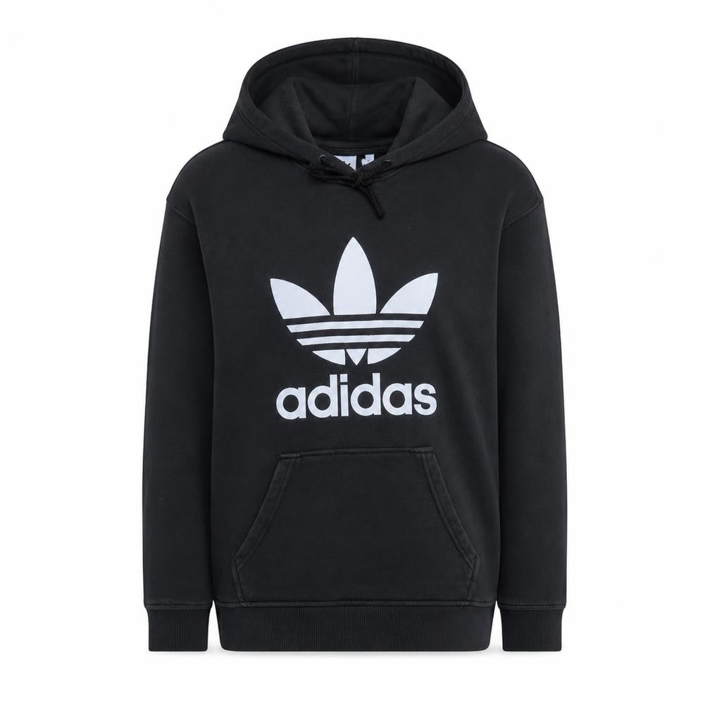 Front view of Adidas Women Black Hoodie, size 14, Pullover Cotton Blend Logo Hooded Sweatshirt