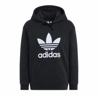 Front view of Adidas Women Black Hoodie, size 14, Pullover Cotton Blend Logo Hooded Sweatshirt