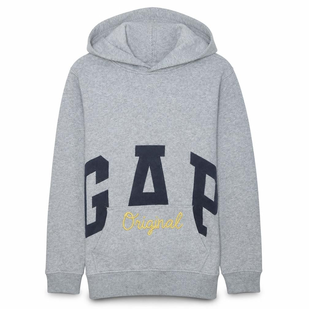 Front view of Gap Teens Grey Pullover Hoodie XL Fleece Embroidered Logo Sweatshirt