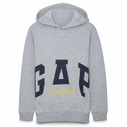 Front view of Gap Teens Grey Pullover Hoodie XL Fleece Embroidered Logo Sweatshirt