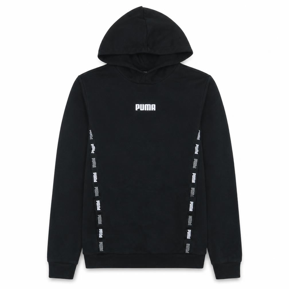 Front view of Puma boys’ black pullover hoodie 15-16 years logo fleece casual sweatshirt