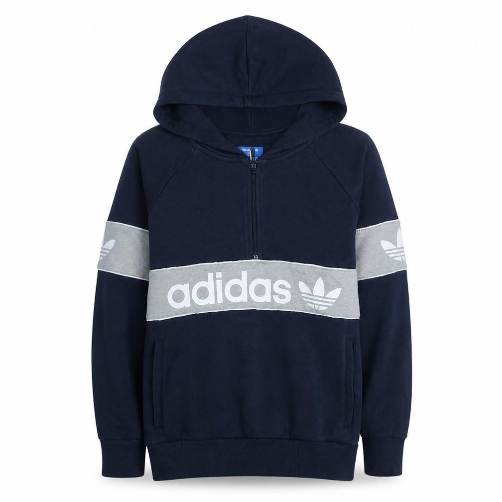 Front view of Adidas Women Navy Blue 1/2 Zip Hoodie with Logo Detail, size 10