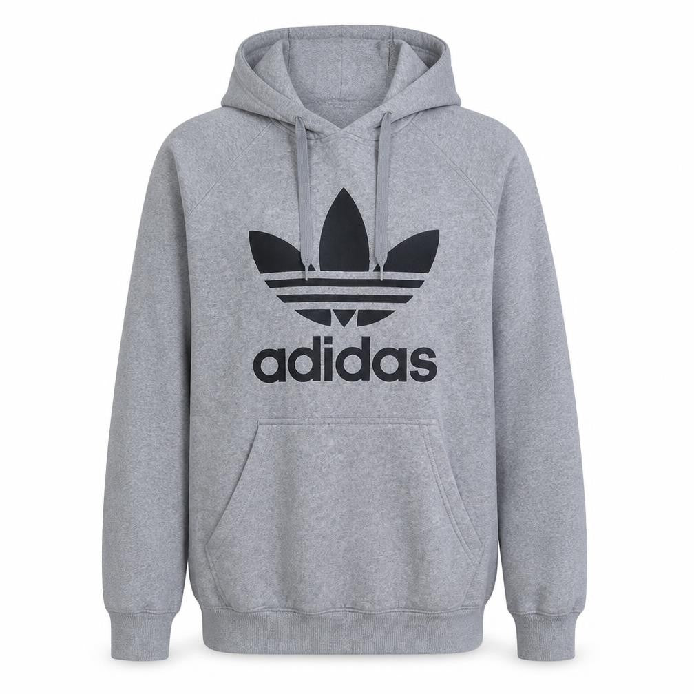 Front view of Adidas men’s grey pullover hoodie l sports logo fleece sweatshirt