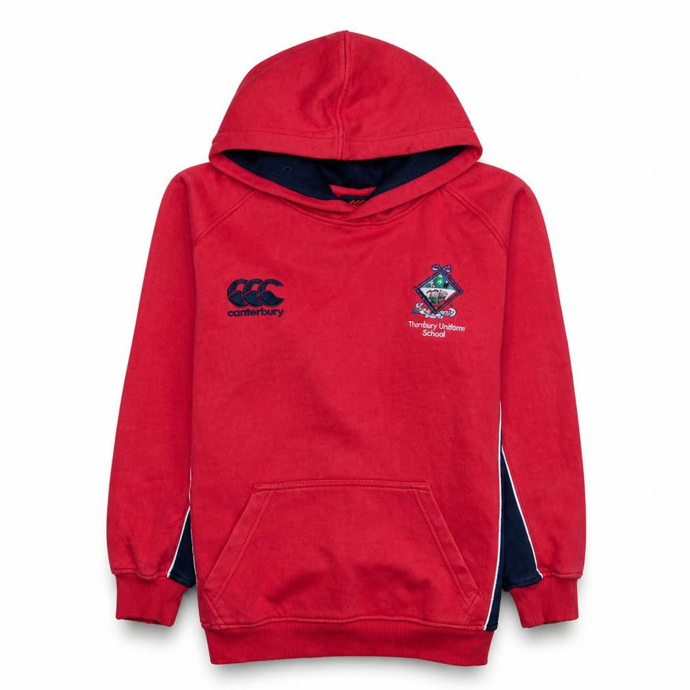 Front view of Canterbury boys’ red pullover hoodie 14 years rugby school fleece