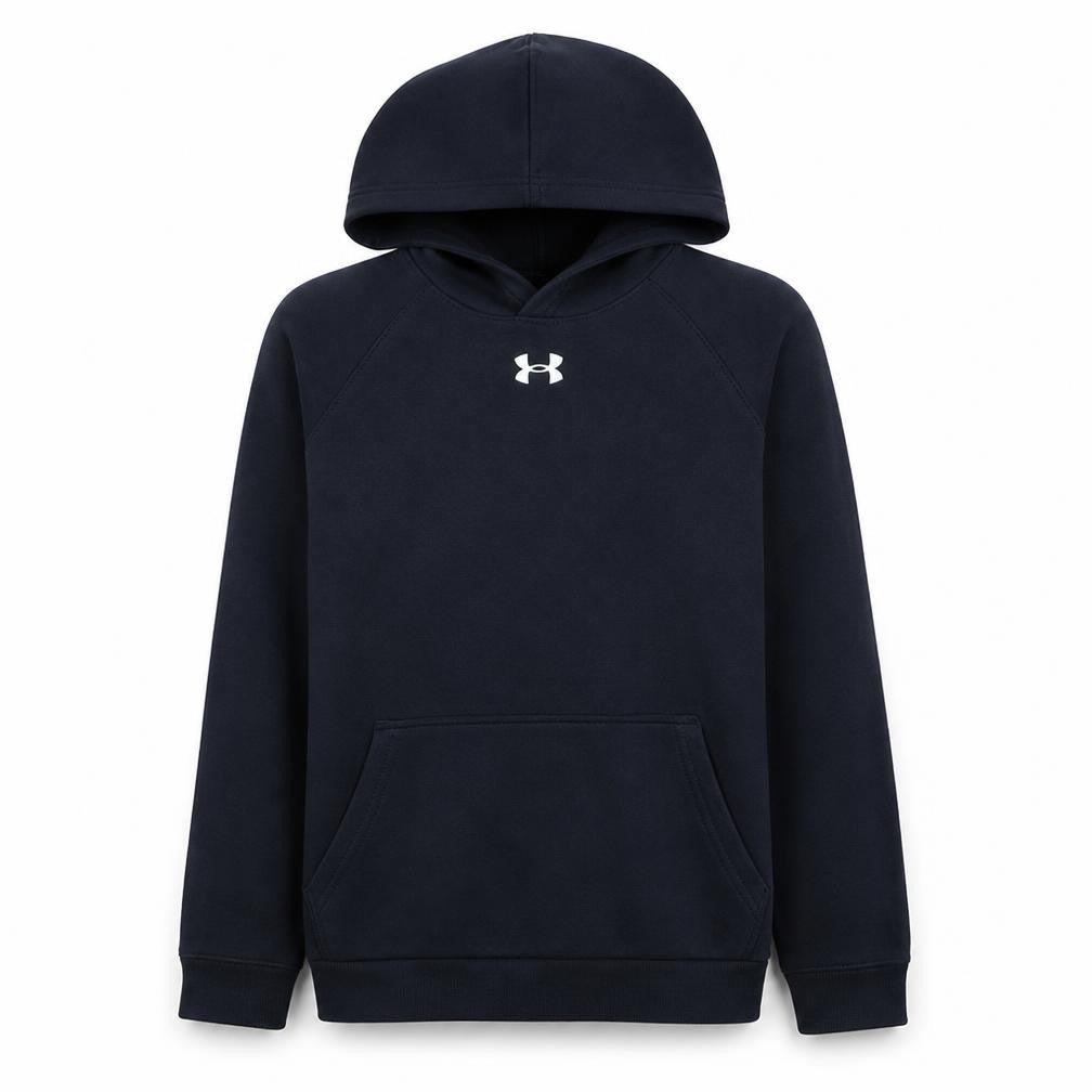 Front view of Under Armour boys’ black xl pullover fleece hoodie with logo