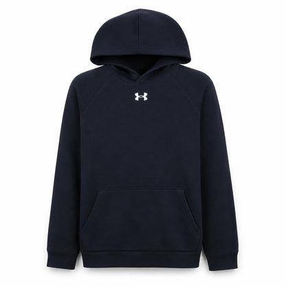 Front view of Under Armour boys’ black xl pullover fleece hoodie with logo