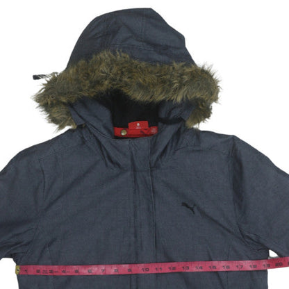 Puma Women's Blue Hooded Fur Trim Short Puffer Jacket Size M