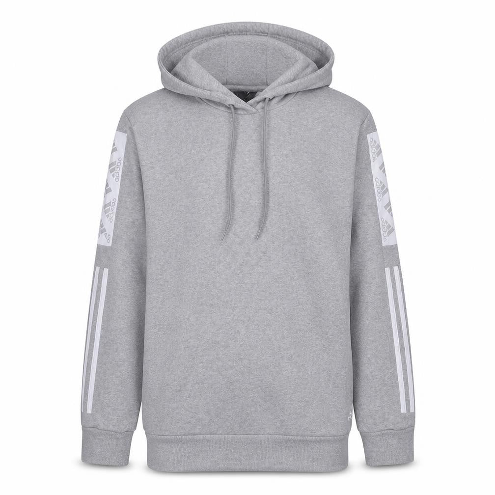 Front view of Adidas boys’ grey pullover hoodie, size L, fleece sportswear