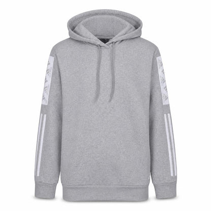 Front view of Adidas boys’ grey pullover hoodie, size L, fleece sportswear