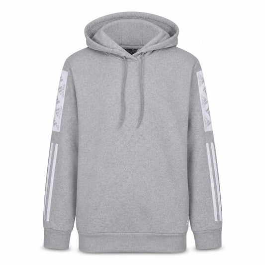 Front view of Adidas boys’ grey pullover hoodie, size L, fleece sportswear