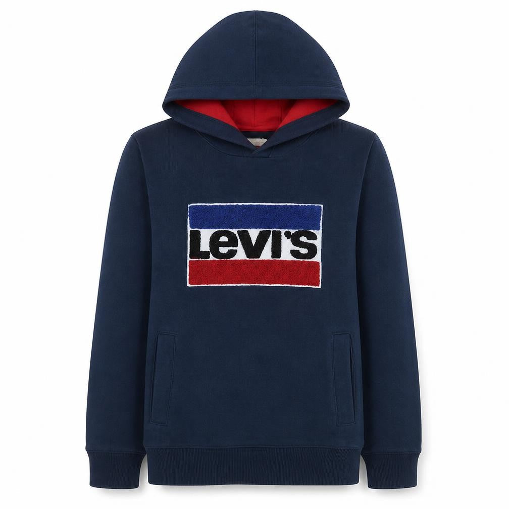 Front view of Levi's boys’ navy pullover hoodie, size 14, cotton blend logo sweatshirt
