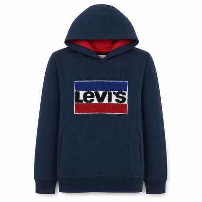 Front view of Levi's boys’ navy pullover hoodie, size 14, cotton blend logo sweatshirt