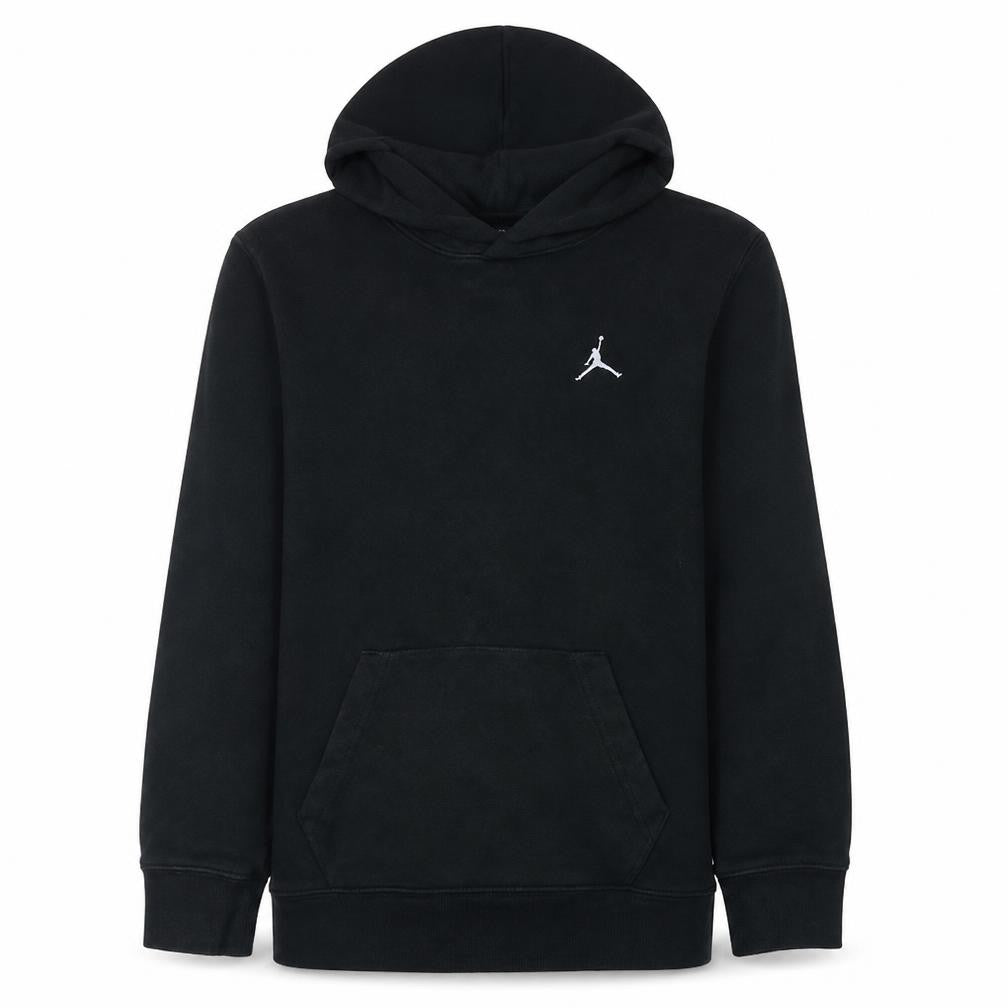 Front view of Jordan boys’ black pullover hoodie sweatshirt, size 10-11, years fleece logo