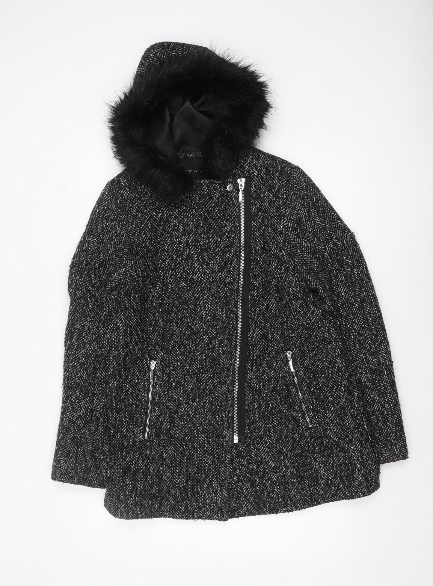 New Look Women's Black Wool Blend Faux Fur Hooded Coat Size 12