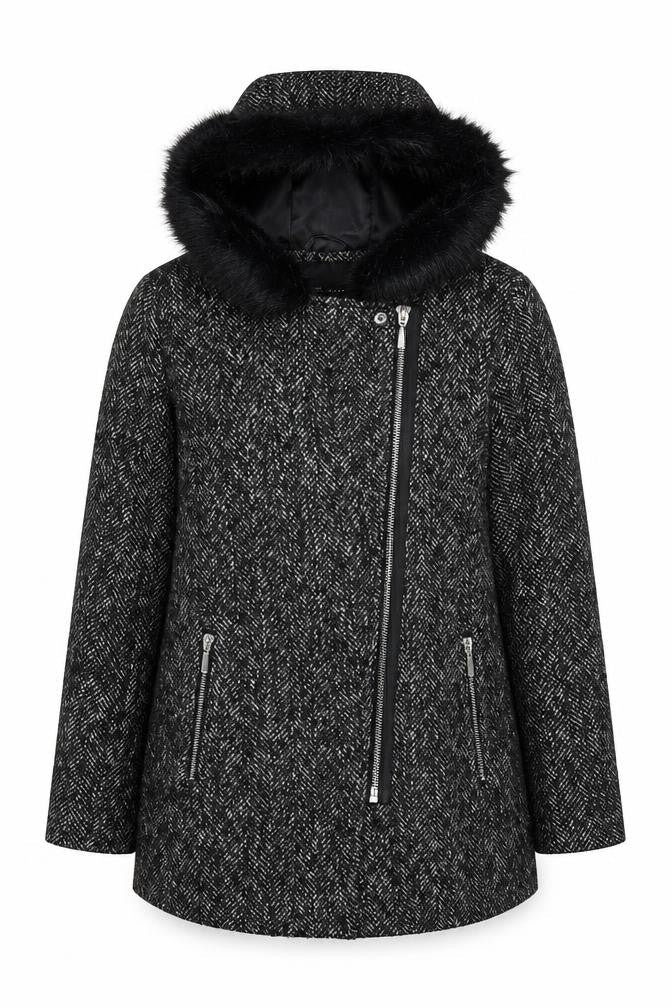 New Look Women's Black Wool Blend Faux Fur Hooded Coat Size 12