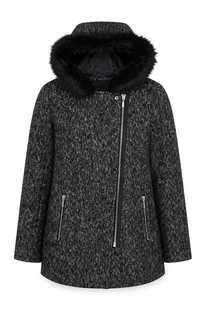 New Look Women's Black Wool Blend Faux Fur Hooded Coat Size 12