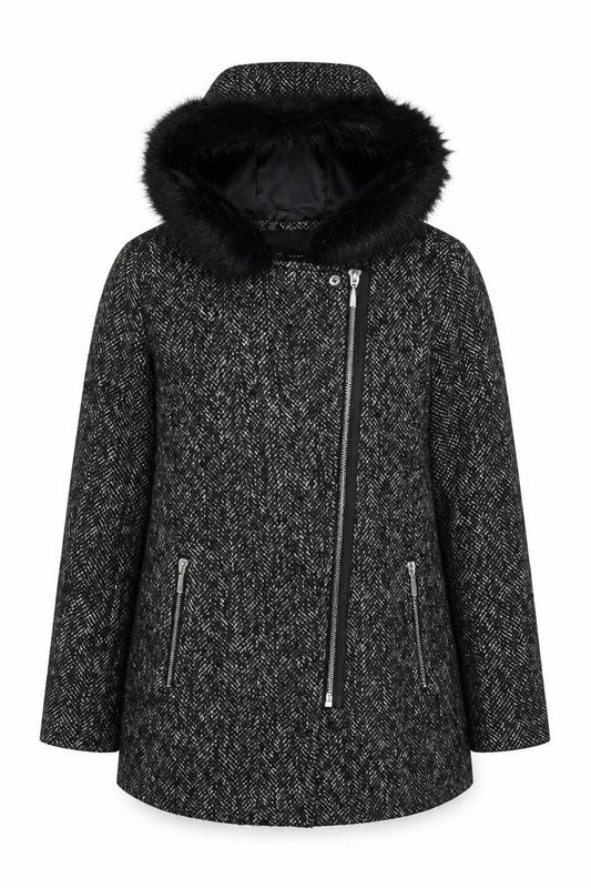New Look Women's Black Wool Blend Faux Fur Hooded Coat Size 12
