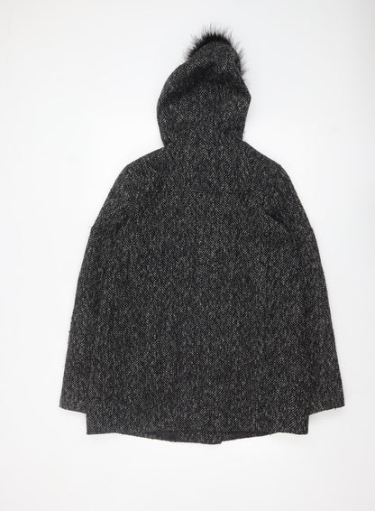 New Look Women's Black Wool Blend Faux Fur Hooded Coat Size 12