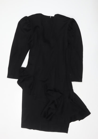 Helen Anderson Women’s Black Wool Wrap Dress Size 12 Long Sleeve Flower Detail