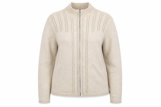 Karen Scott Women’s Beige Cotton Cable-Knit Full Zip Jumper L Petite
