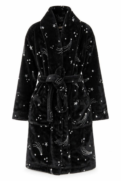 Monsoon Women’s Black Fleece Star Print Belted Winter Robe S