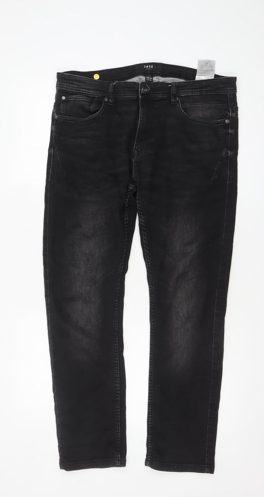 SMOG Men Black Slim Fit Denim Jeans 34W 30L Straight Style