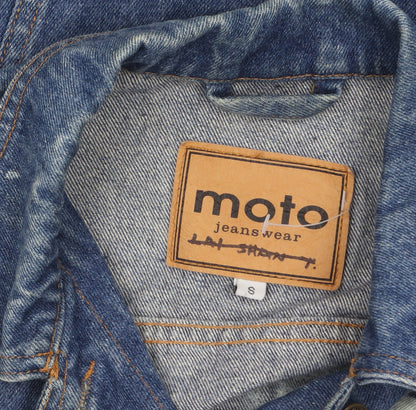 Moto Womens Blue Cropped Denim Jacket Small Star Print Vintage Style