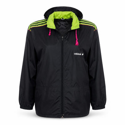 Front view of Adidas women’s black windbreaker jacket, size UK 12, hooded retro sports style