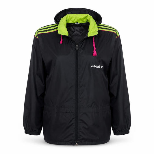 Front view of Adidas women’s black windbreaker jacket, size UK 12, hooded retro sports style
