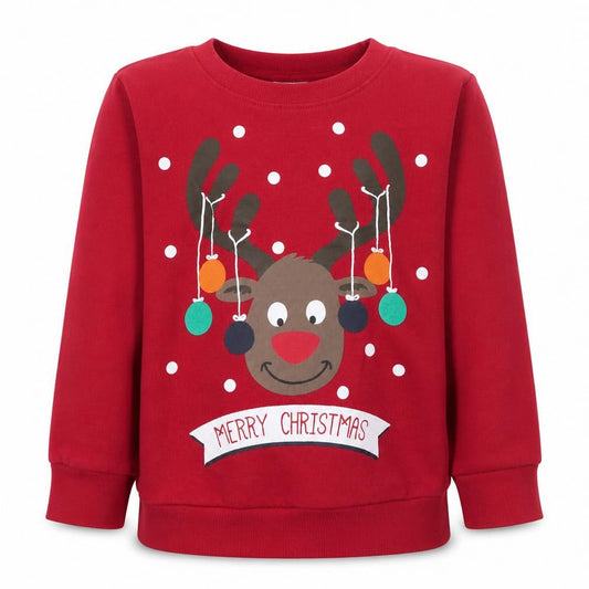 Front view of 4Kidz girls’ red reindeer christmas pullover sweatshirt 7-8 years