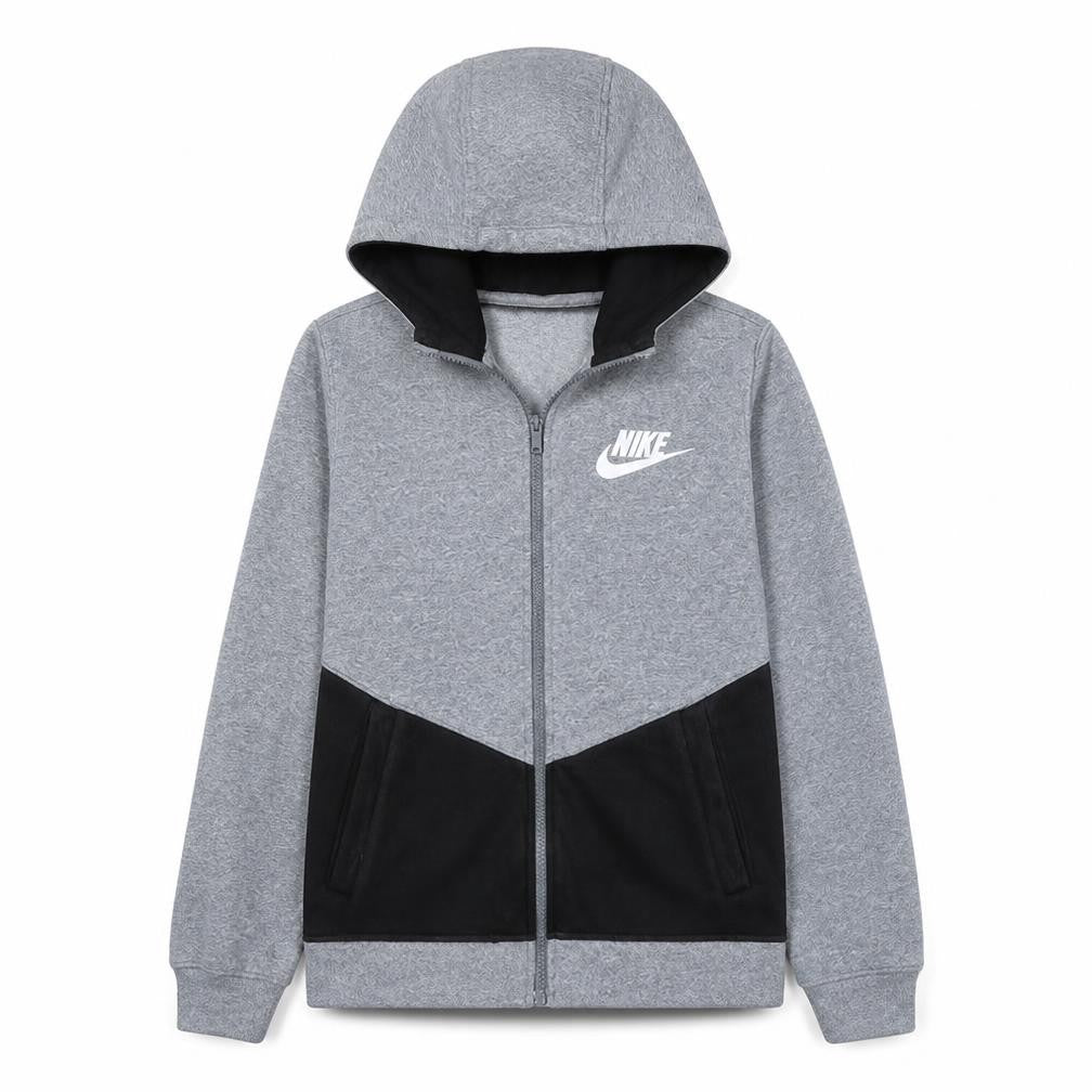Front view of Nike boys’ grey colourblock full zip fleece hoodie xl 13-15 years