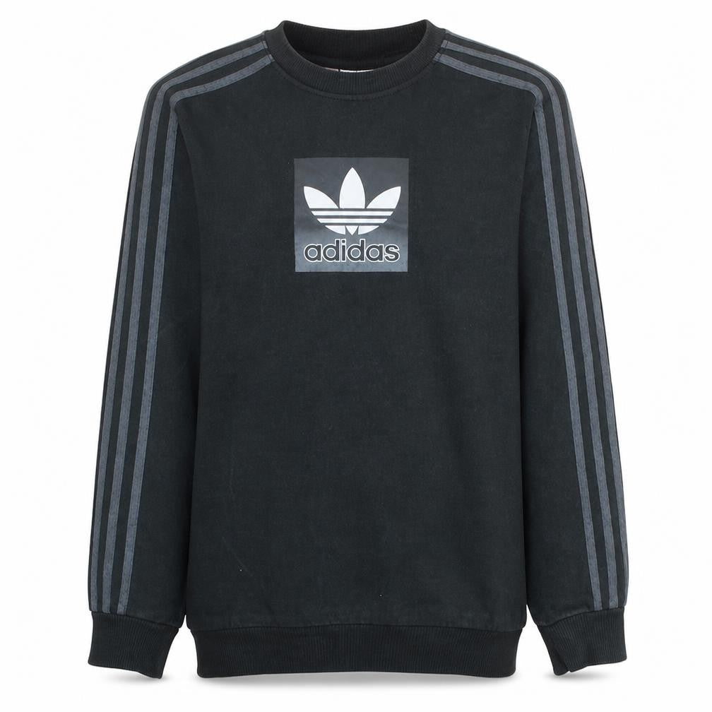 Front view of Adidas boys’ black crew neck pullover sweatshirt xl 15-16y logo cotton blend