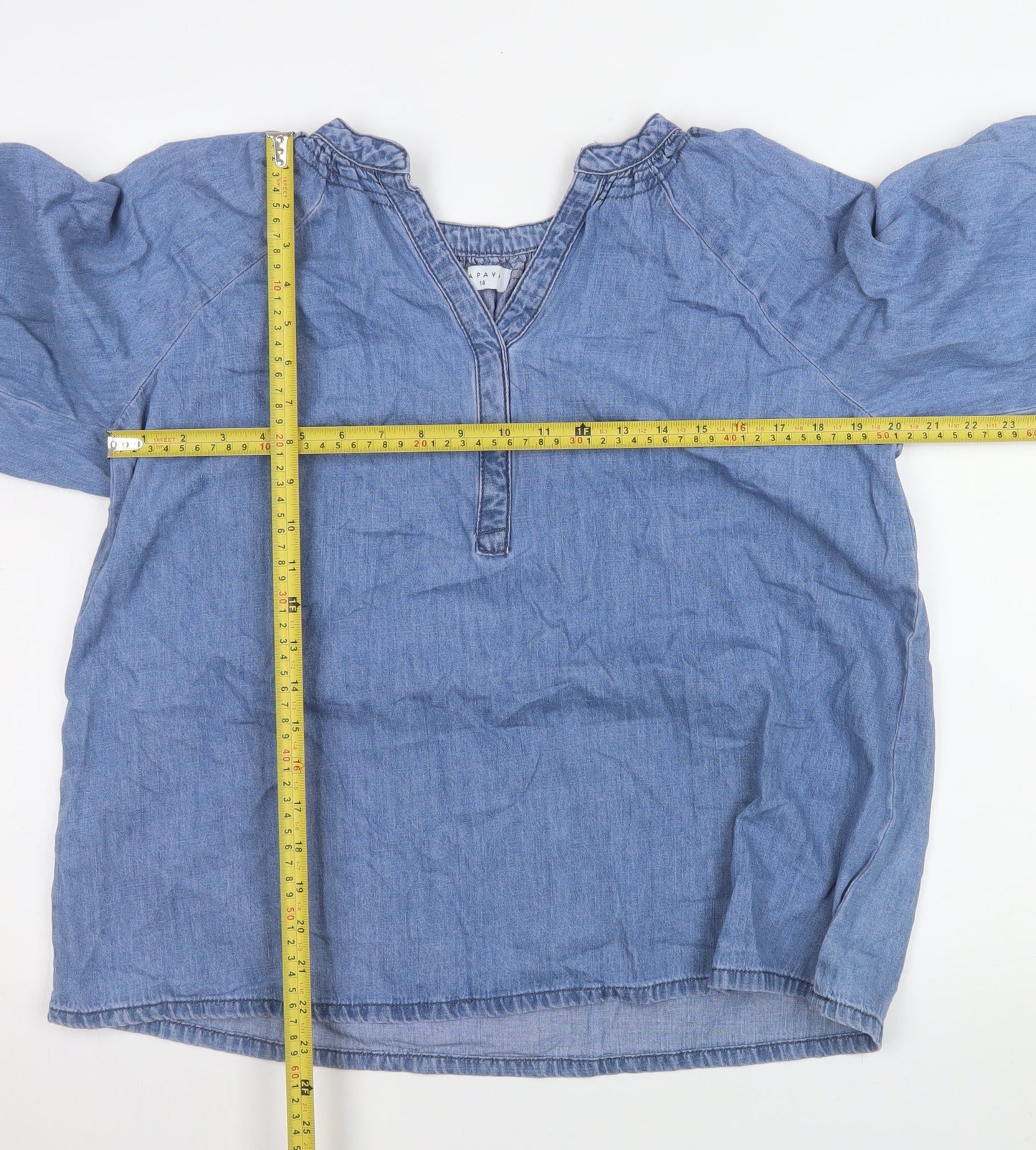 Papaya Women’s Blue Chambray 3/4 Sleeve V-Neck Tunic Blouse Size 14