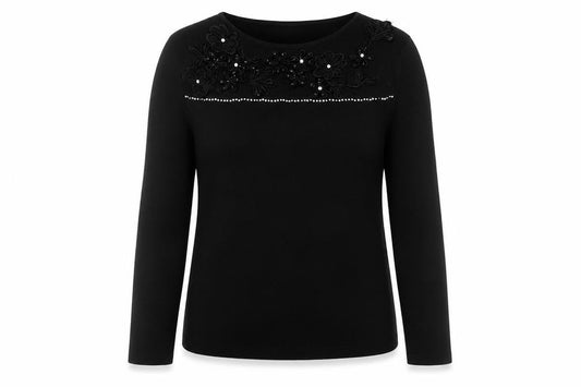 Front view of Roman Originals women’s black beaded long sleeve blouse s
