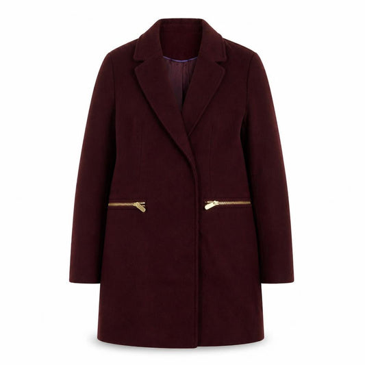 Topshop Petite Women's Burgundy Wool Blend Zip Pocket Overcoat UK 4