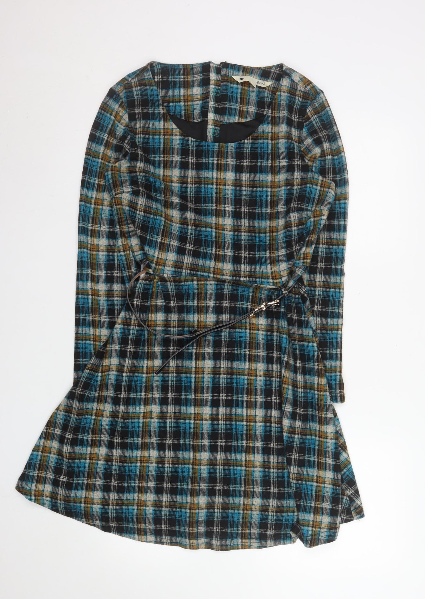 Yumi Women Blue Check Fit & Flare Knee Length Dress UK 14