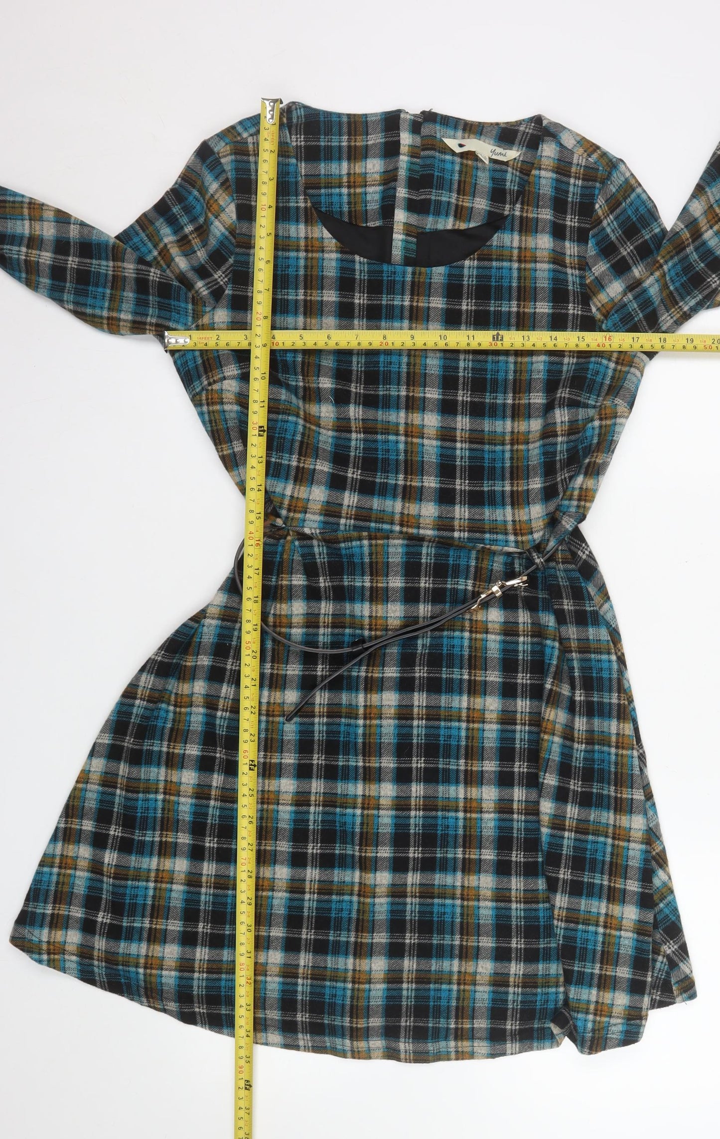 Yumi Women Blue Check Fit & Flare Knee Length Dress UK 14