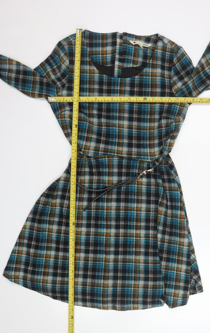 Yumi Women Blue Check Fit & Flare Knee Length Dress UK 14