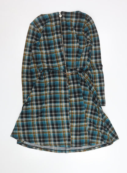 Yumi Women Blue Check Fit & Flare Knee Length Dress UK 14