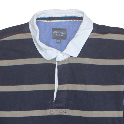 Bonmarché Mens Blue Striped Long Sleeve Cotton Polo Shirt 2XL
